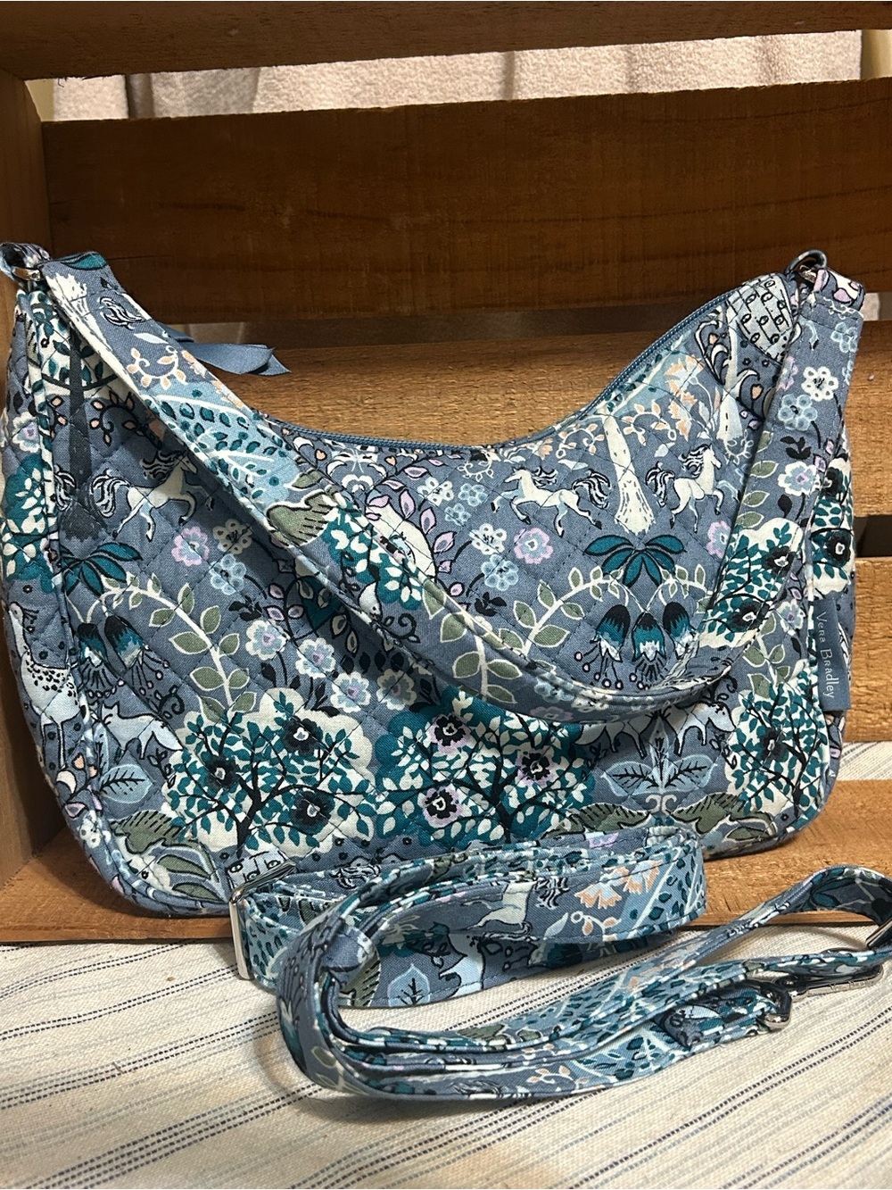 VERA BRADLEY ENCHANTMENT BLUE CRESCENT SHOULDER BAG WITH CROSSBODY STRAP